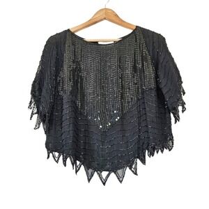 Vtg 80s Chanson D'Amour Beaded Sequin Top Size M Silk Cropped Black Whimsigoth